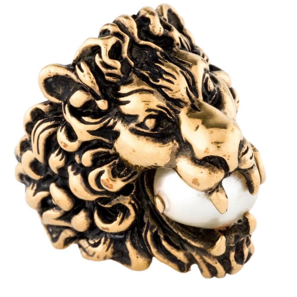 Gucci Gold-Tone Lion Head Ring with White Orb